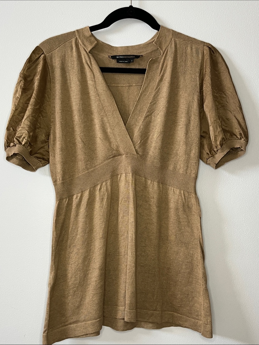 BCBG Maxazria golden beige babydoll vneck puff sleeve blouse cashmere silk